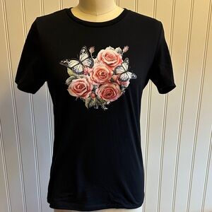 Bella Canvas Black Tee with Pink Rose & Butterfly Graphic